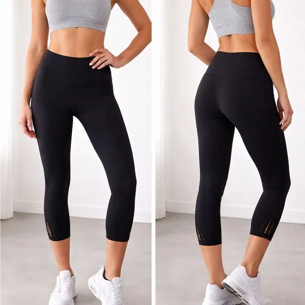 Lululemon Black Cropped Leggings Size 4 Laser Cut Hem Yoga Pants